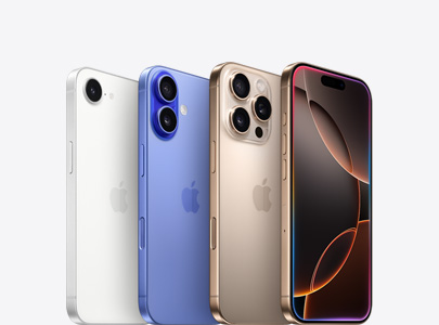iPhone 16e in White, iPhone 16 in Ultramarine, iPhone 16 Pro in Desert Titanium and a front-facing iPhone screen
