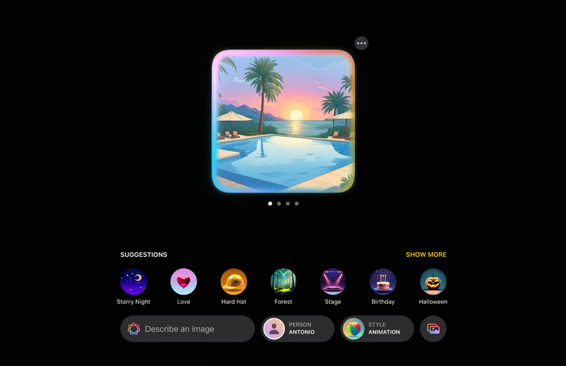 UI of the Image Playground experience shows a pool in a tropical landscape with the sunset in the background with suggestions for more elements to add to the image