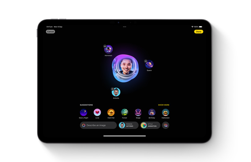 Image Playground app is shown on iPad. A customised image in the centre is surrounded by different ideas and keywords used to make it.