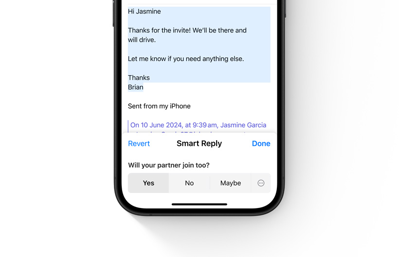 Smart Reply options in the Mail app are shown on an iPhone.