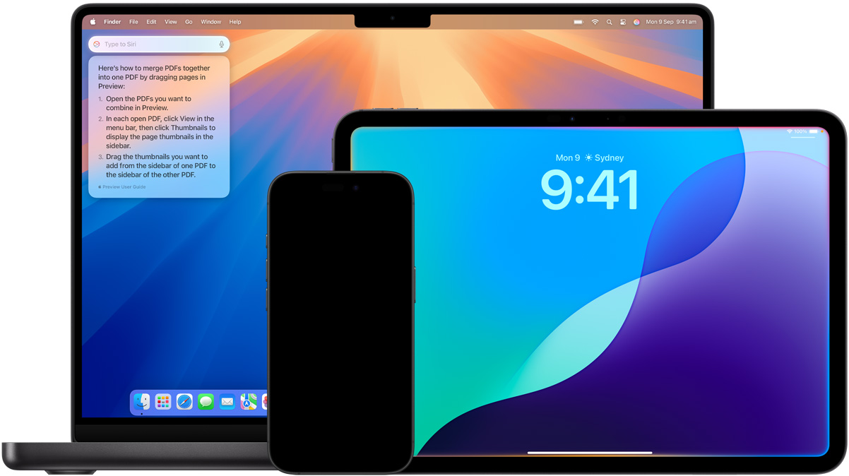 Mac, iPad and iPhone are shown with new Siri features powered by Apple Intelligence