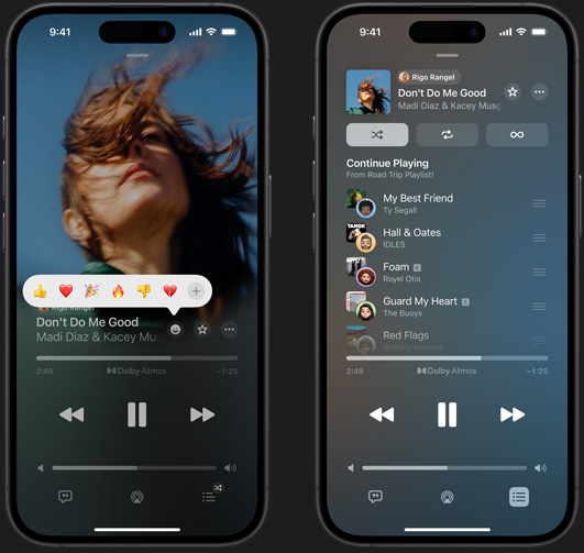 iPhone on left showing Don't Do Me Good by Madi Diaz and Kacey Musgraves playing on screen with reaction emoji prompt showing options to thumbs up, heart, celebrate, thumbs down or add another reaction, iPhone on right showing Collaborative playlist called Road Trip Playlist with multiple songs added by other contributors