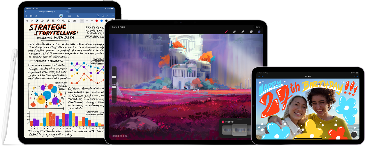 Three iPad devices, front facing, side by side. On left, iPad 10th generation, portrait orientation with Apple Pencil 1st generation. In middle, iPad Pro, landscape orientation, displaying a colourful drawing with Apple Pencil Pro attached to the top. On right, iPad mini, landscape orientation with Apple Pencil 2nd generation attached to the top. Apple Pencil USB-C is laid horizontally across the front of iPad Pro and iPad mini.