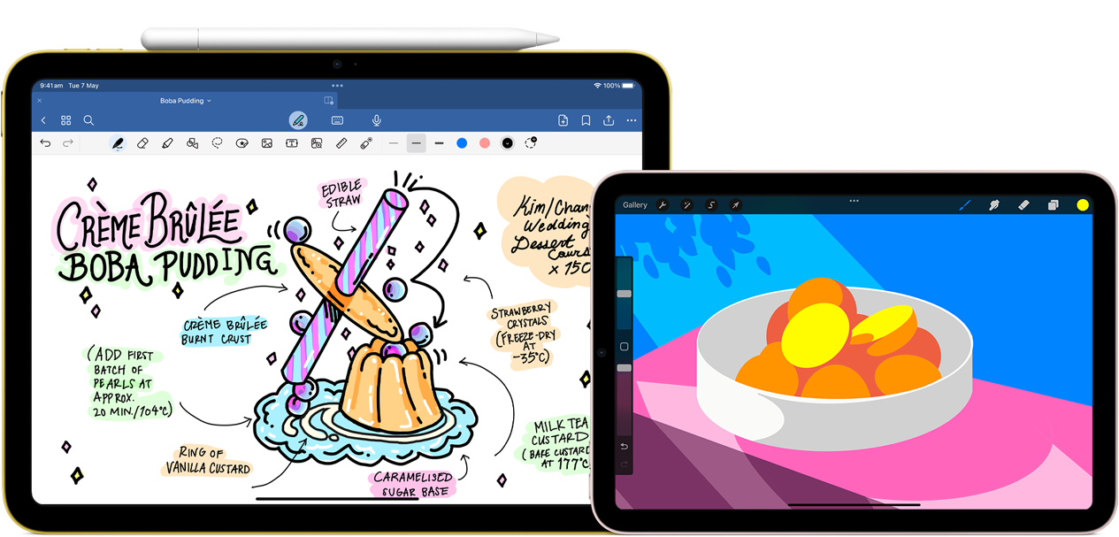 On left, iPad 10th generation, landscape orientation, displaying a graphic with notes and a drawing, with Apple Pencil USB-C attached at top. On right, iPad mini, landscape orientation showing a colourful illustration made with ProCreate.