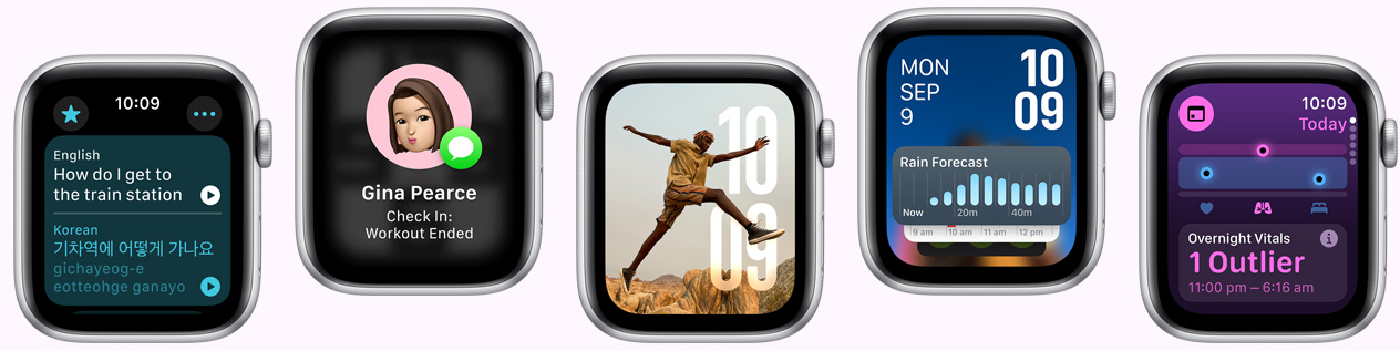 Five Apple Watch devices showing screens including Translate app, Check In app, Photos face, Modular watch face and Vitals app