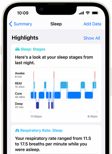 An iPhone device displaying Sleep Stages in the Health app.