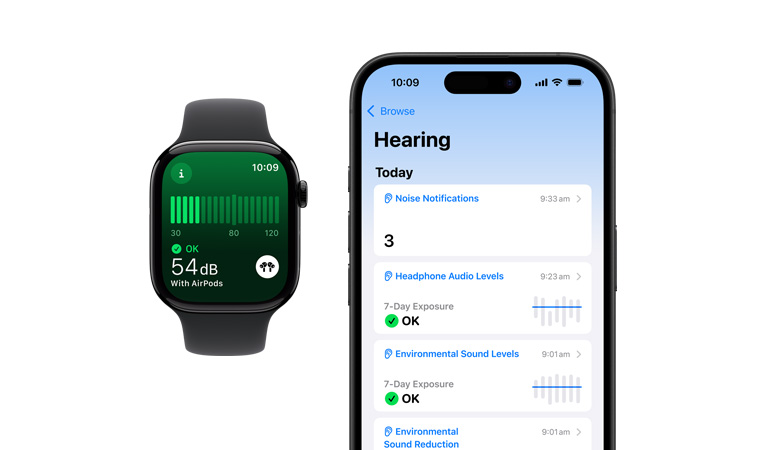 Apple Watch Series 10, black Sport Band, UI reads noise measuring, next to it is an iPhone 16, UI reads Hearing, Environmental Sound levels and Environment