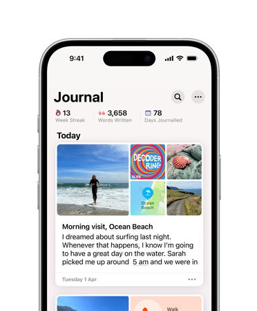 iPhone 16 front, display reads Journal