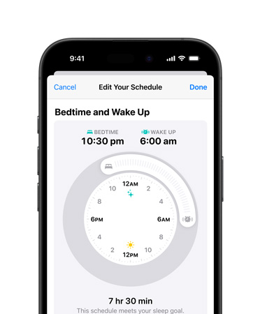 iPhone 16 front, UI reads Health, Bedtime, Light Mode, Schedule