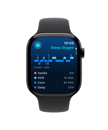 Apple Watch Series 10 front, black Sport Band, UI reads Sleep, Sleep Stages, Analysis and Time Asleep