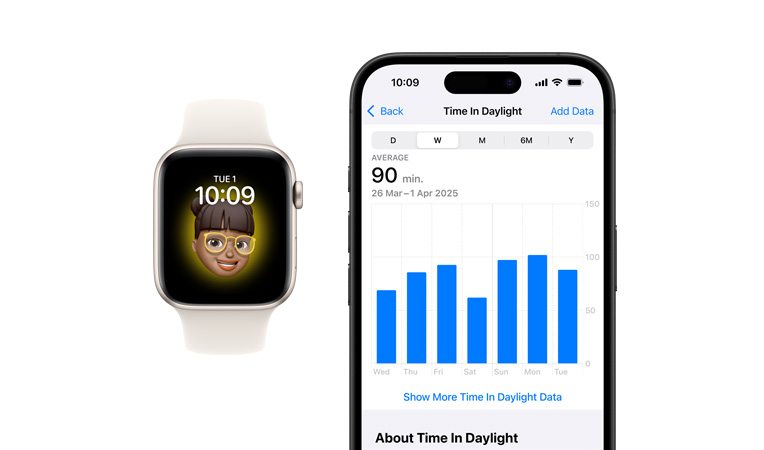 Apple Watch SE, white Sport Band, front, display shows Clock, Memoji, next to it iPhone 16 front, display shows Health, Time In Daylight Graph
