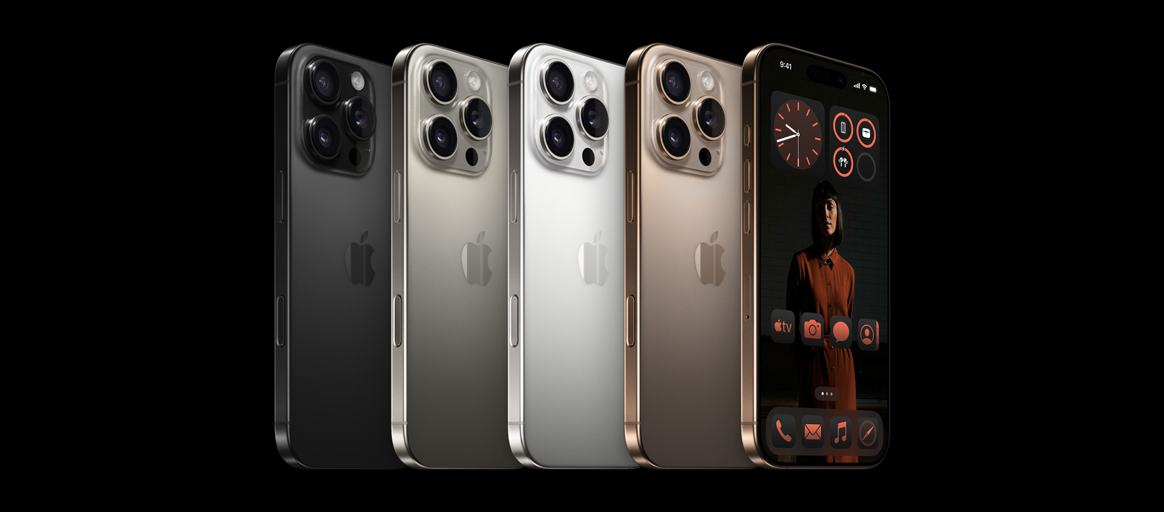 Back view of iPhone 16 Pro, all four finishes: Black Titanium, Natural Titanium, White Titanium, Desert Titanium, and front view of iPhone 16 Pro in Desert Titanium