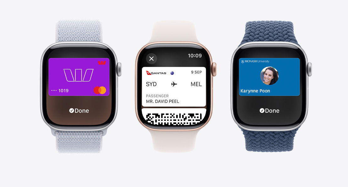 Three Apple Watch Series 10. The first shows a bank card being used with Apple Pay. The second shows a boarding pass being used with the Wallet App. The third shows an ID being used through the Wallet app.