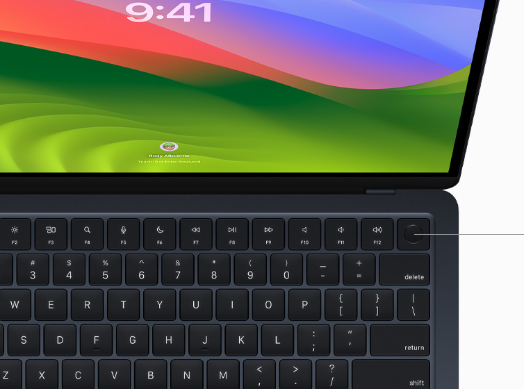 Изглед отгоре на MacBook Air, показващ Touch ID и Magic Keyboard