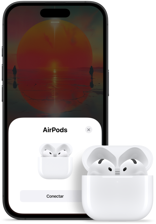 Um estojo de recarga sendo aberto com os AirPods 4 dentro, ao lado de iPhone mostrando que os AirPods 4 foram conectados.