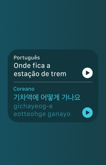 O app Traduzir mostrando uma tradução para o coreano e a pronúncia de uma pergunta sobre como chegar à estação de trem.