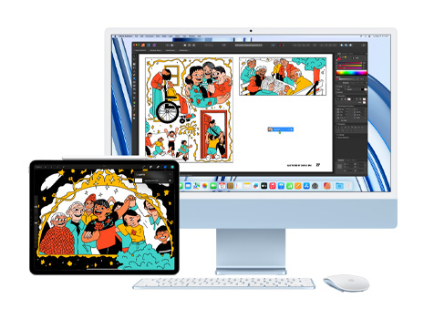 Ilustração ousada e divertida exibida na tela de um iPad e de um iMac. No iMac, a ilustração foi feita em um aplicativo para criação.