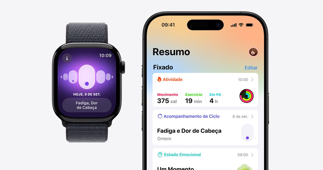 Apple Watch Series 10 exibindo o app Acompanhamento de Ciclo e um iPhone 16 Pro com o app Saúde mostrando informações do mesmo app.