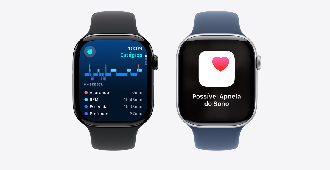 Dois relógios Apple Watch Series 10. O primeiro mostra dados de Estágios do Sono. O segundo mostra uma notificação de Possível Apneia do Sono.