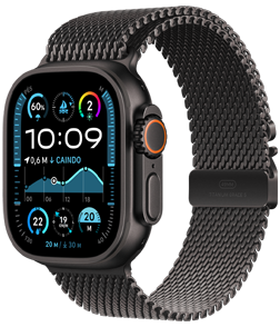 Apple Watch Ultra 2 com caixa preta de titânio e pulseira preta estilo milanês de titânio.
