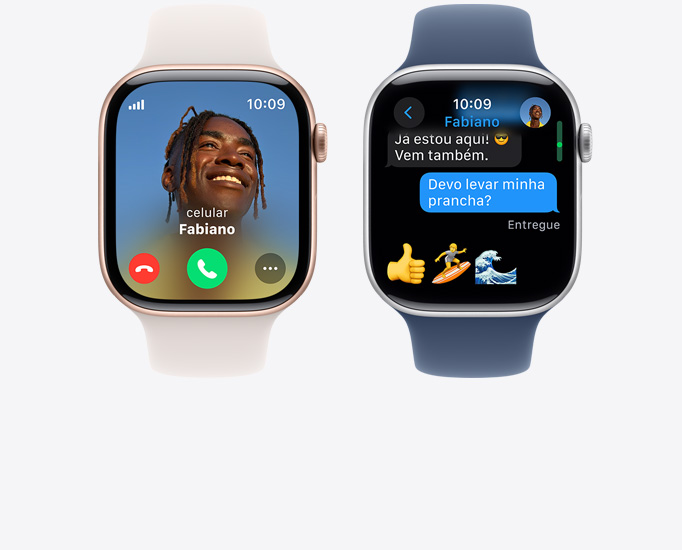 As telas de dois aparelhos Apple Watch Series 10 mostram uma chamada e uma mensagem de texto.