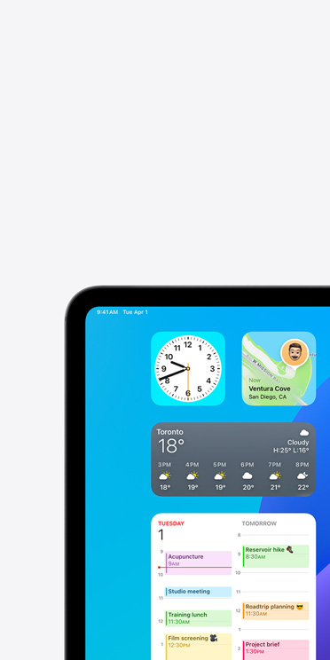 VoiceOver feature on iPad Pro screen showing Weather app widget with audio output “Weather, Toronto, 18 degrees”