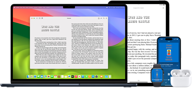 MacBook Pro and iPad Air display a page from the same ebook in the Books app. Apple Watch and iPhone 15 screens display a book cover from the same audiobook. An AirPod Pro case open to show both AirPod Pro earbuds.