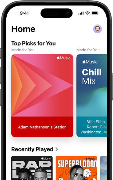 Apple Music Home tab screen on iPhone, Top Picks for You carousel showing Jenny Court's personalized stations and playlists