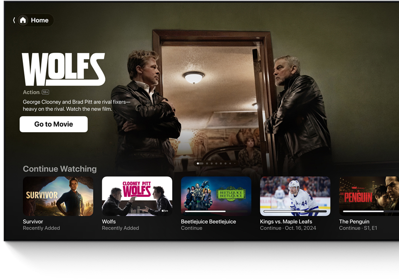 A flatscreen television showing the Apple TV app's home screen UI