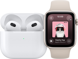 AirPods sitting next to an Apple Watch.