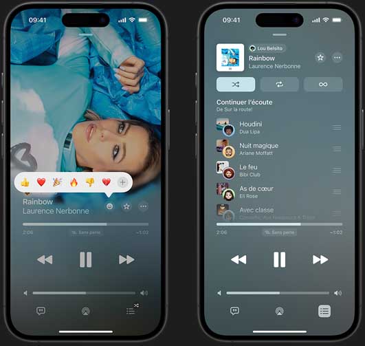 L’iPhone à gauche montre Don’t Do Me Good de Madi Diaz et Kacey Musgraves jouant à l’écran avec une bulle de réaction proposant les options suivantes : pouce en l’air, cœur, célébration, pouce en bas et ajouter une autre réaction. L’iPhone à droite montre une liste de lecture collaborative appelée Sur la route avec plusieurs chansons ajoutées par d’autres personnes