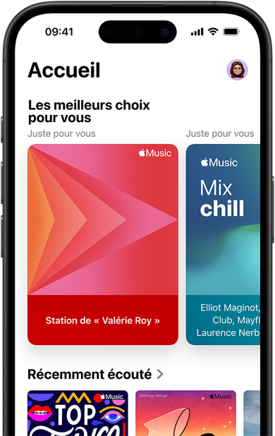 Écran d’iPhone montrant l’onglet Accueil d’Apple Music, le carrousel Les meilleurs choix pour vous montre les stations et listes de lecture personnalisées de Valérie Roy