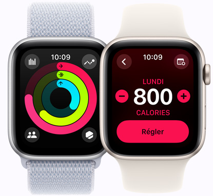 « Deux Apple Watch SE affichant respectivement les anneaux d’activité et un objectif de dépense calorique »