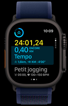 Entraînements personnalisés affichant la distance restante et la durée de la course en cours.