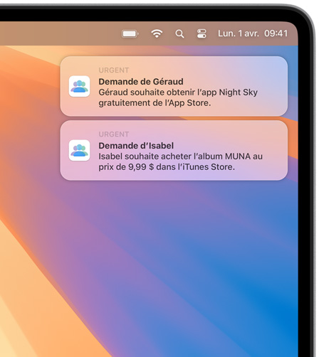 Deux notifications macOS affichées dans le coin supérieur droit d’un écran de Mac, chacune montrant des demandes d’achat, la première pour Night Sky dans l’App Store, et l’autre pour l’album MUNA dans l’iTunes Store