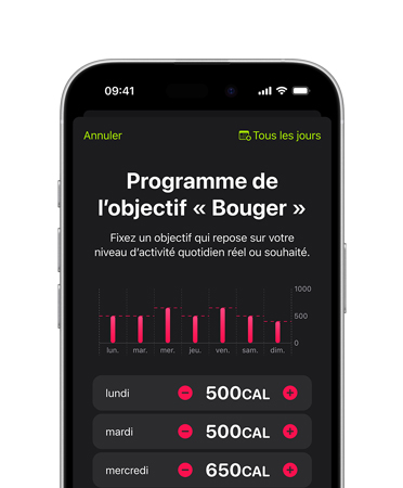 iPhone 16, vue avant, interface affichant l’horaire de l’objectif Bouger