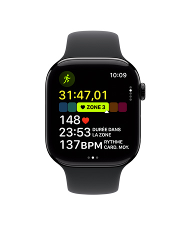 Apple Watch Series 10, bracelet sport noir, vue avant, interface affichant Exercice, Course à l’extérieur, Zones de fréquence cardiaque
