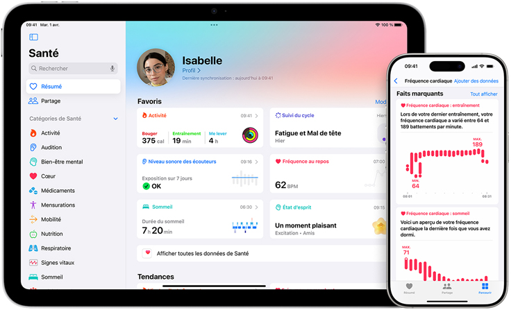 Écran affichant le résumé de l’app Santé, Favoris, à côté se trouve un autre écran affichant Santé, Fréquence cardiaque, Faits marquants