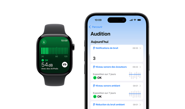 Apple Watch Series 10, bracelet sport noir, interface affichant la mesure du bruit ambiant, à côté se trouve un iPhone 16, interface affichant Audition, Niveau sonore ambiant et Réduction du bruit ambiant