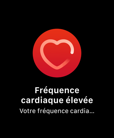 Interface affichant une notification de fréquence cardiaque élevée sur laquelle on peut lire : Votre fréquence cardiaque a dépassé 120 BPM alors que vous sembliez être au repos depuis 10 minutes (début : 9 h 59)