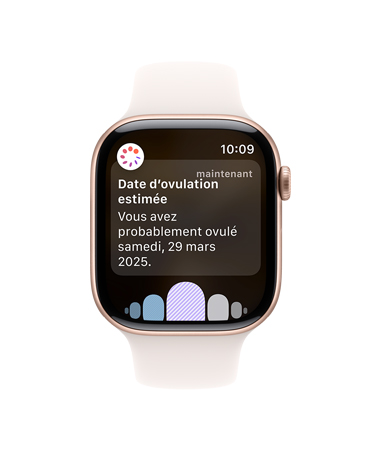 Apple Watch Series 10, bracelet sport blanc, vue avant, interface affichant Ovulation, Historique du cycle