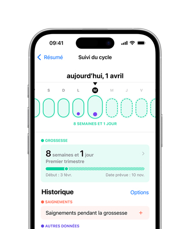 iPhone 16, vue avant, interface affichant Santé, Suivi du cycle