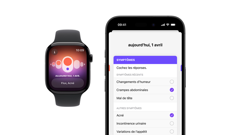 Apple Watch Series 10, bracelet sport noir, vue avant, interface affichant suivi du cycle, règles, enregistrement des symptômes, à côté se trouve un iPhone 16, vue avant, interface affichant suivi du cycle, enregistrement des symptômes, règles