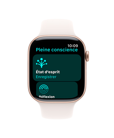 Apple Watch Series 10, bracelet sport blanc, vue avant, interface affichant Pleine conscience, État d’esprit, Enregistrer