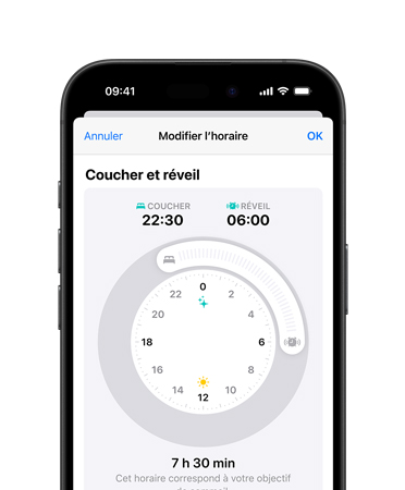 iPhone 16, vue avant, interface affichant Santé, Coucher, Mode Clair, Horaire