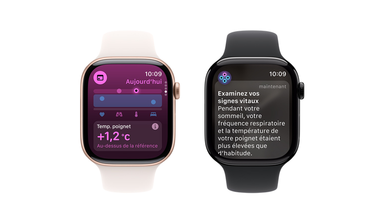Apple Watch Series 10, bracelet sport blanc, interface affichant Signes vitaux, Température au poignet, à côté se trouve une deuxième Apple Watch Series 10, bracelet sport noir, interface affichant Signes vitaux, Température au poignet, Fréquence cardiaque, Analyse