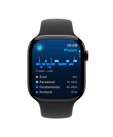 Apple Watch Series 10, vue avant, bracelet sport noir, interface affichant Sommeil, Phases de sommeil, Analyse et Durée du sommeil