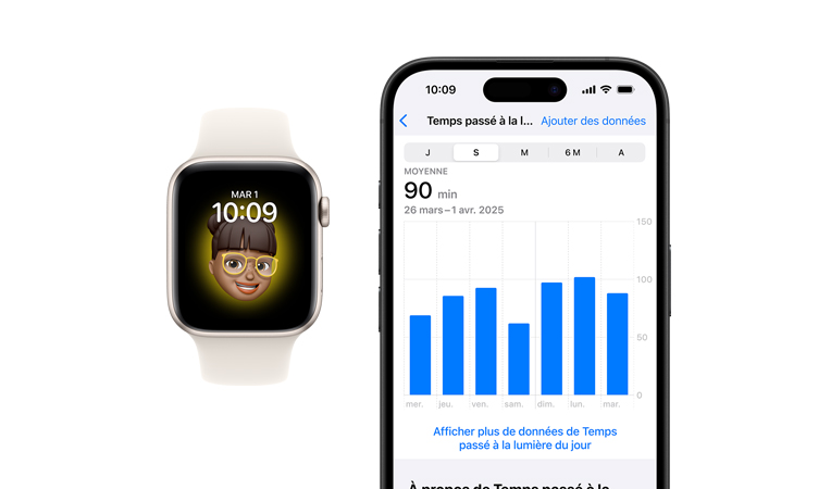 Apple Watch SE, bracelet sport blanc, vue avant, écran affichant Horloge, Memoji, à côté se trouve un iPhone 16 vu de face, écran affichant l’app Santé, graphique Temps passé à la lumière du jour