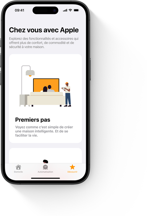 Un iPhone montrant la vue Premiers pas de l’app Domicile.