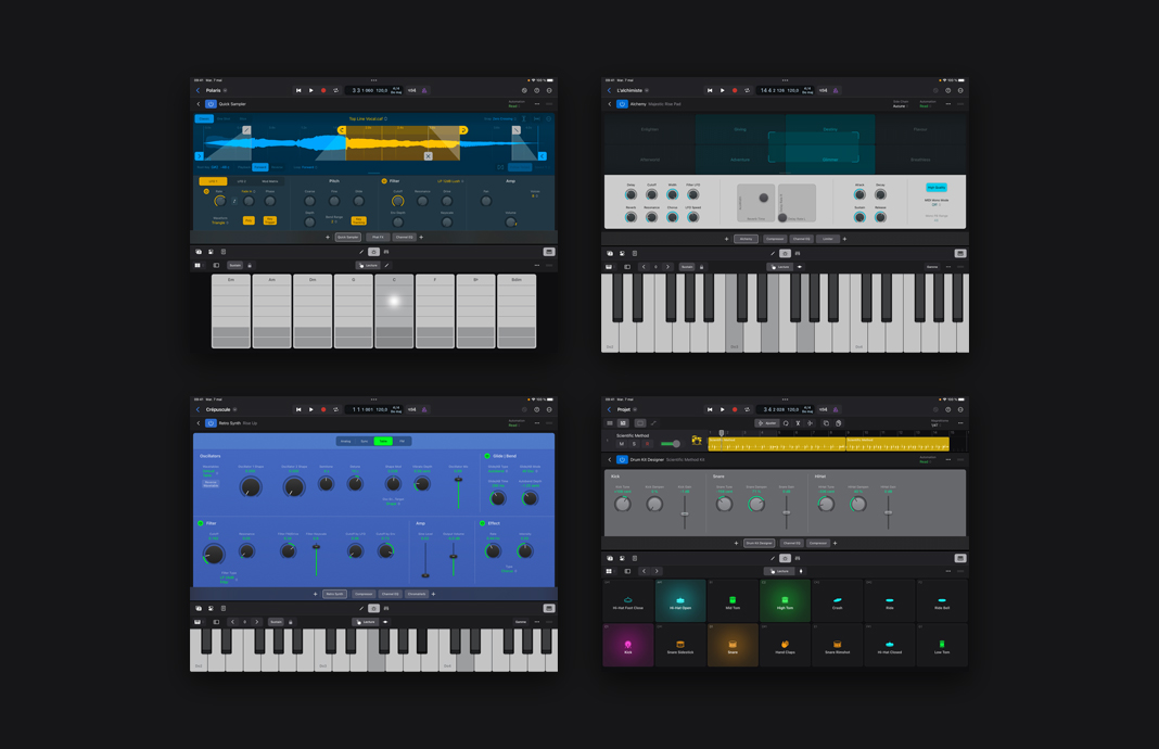 Un iPad Pro affichant de multiples effets sonores d’instruments peaufinés dans Logic Pro pour iPad.